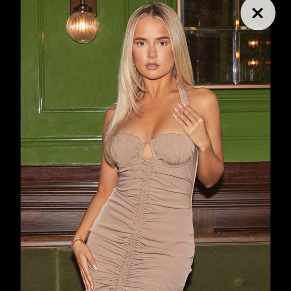 PrettyLittleThing Taupe Ruched Front Halterneck Dress